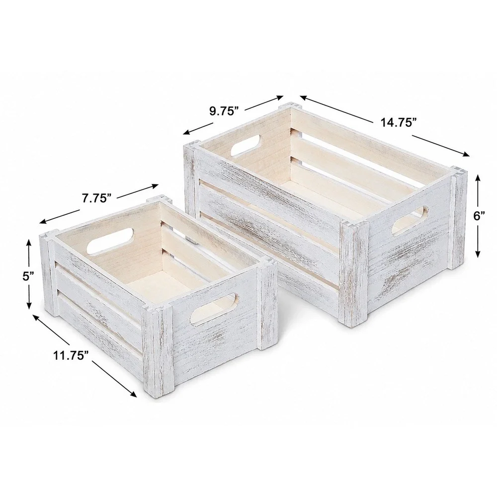 Farmhouse Wooden Crate Set | Whitewashed Nesting Storage Boxes Set of 2